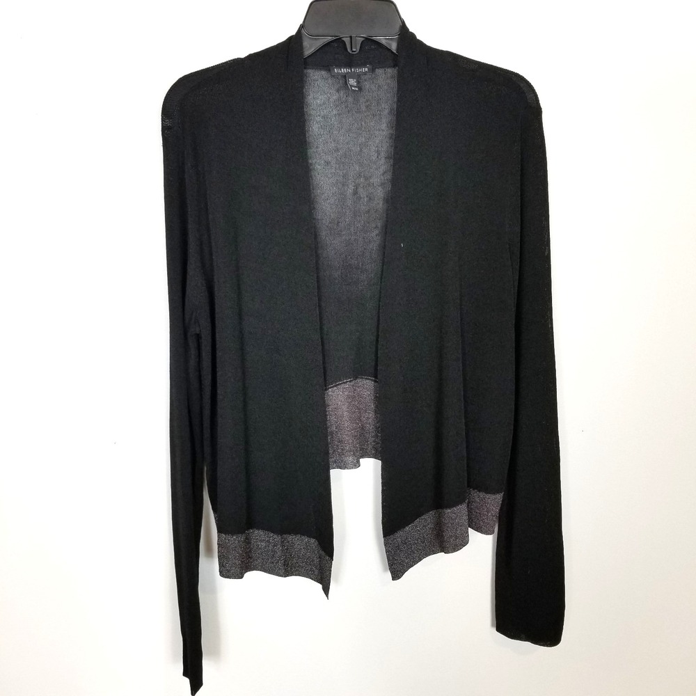 Eileen Fisher Black‎ Knit Metallic Open Cardigan Sweater Sz M Lightweight